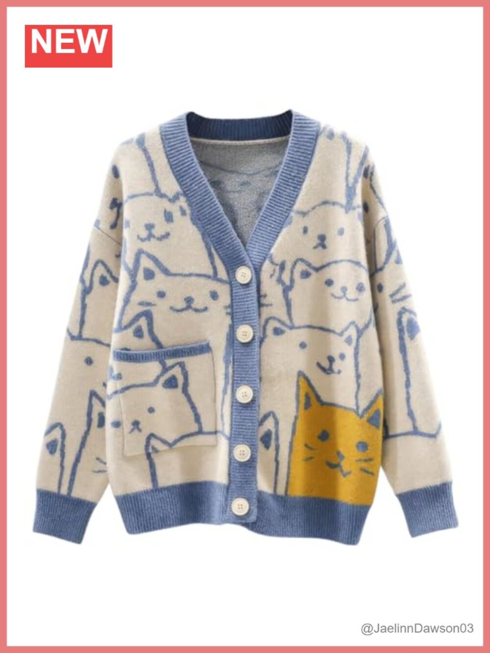 Kawaii Cartoon Cat Cardigan Button Down Jacquard Knit Sweater Coat